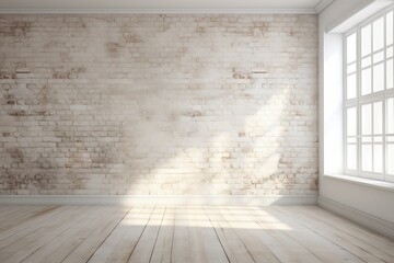 Empty room with white brick wall and wooden floor.