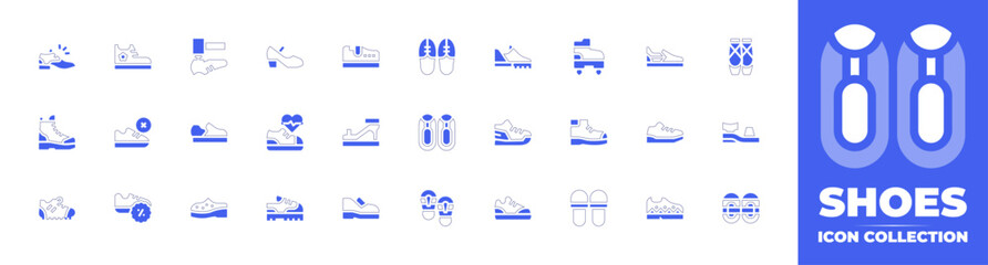 Shoes icon collection. Duotone style line stroke and bold. Vector illustration. Containing no shoes, shoes, shoe, shoe making, smart shoes, football shoes, flamenco shoes, heeled shoes.