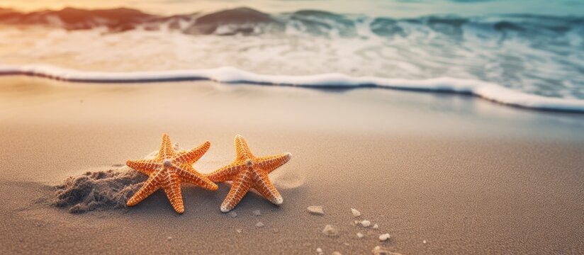 sea stars lying on wet sand beach in sea wave summer famity holidays concept. Creative banner. Copyspace image