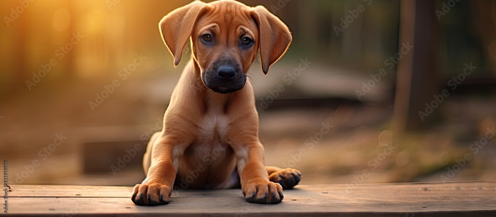 Poster rhodesian ridgeback puppy portrait outside. creative banner. copyspace image