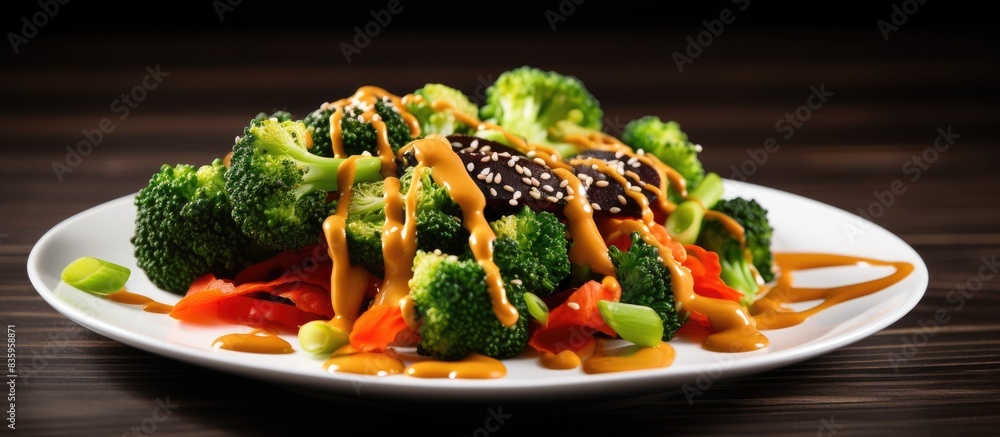 Poster diet and vegetarian salad of mixed vegetables and lettuce with peanut sauce served in a white plate 