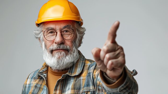 senior construction worker engineer architect developer isolated on white holding a blank sign indicating something with his index finger .stock photo