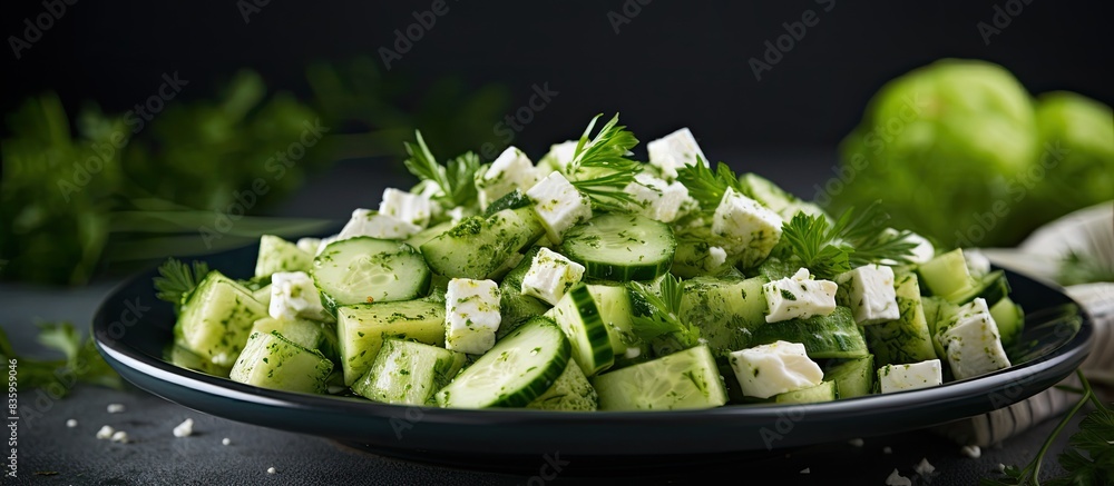 Poster Homemade Cucumber Shepards Salad with Feta and Parsley. Creative banner. Copyspace image