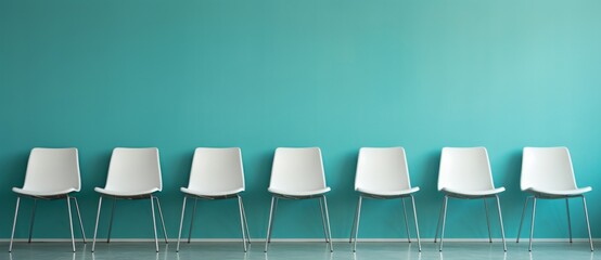 Fototapeta premium A row of modern chairs against a blue wall.