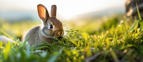 Fototapeta premium Rabbit eating grass focused shots of it. Creative banner. Copyspace image