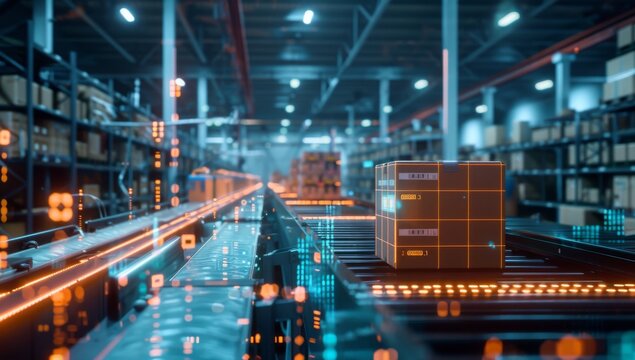 A high-tech warehouse with glowing digital data streams, an advanced conveyor belt moving boxes of goods in the background, symbolizing technology in logistics.