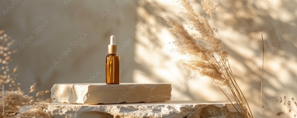 Aufkleber a small amber bottle is set against a neutral background, with dried plants adding a touch of natura