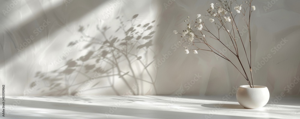Aufkleber sunlight casts shadows of delicate dried flowers in a simple white vase, creating a serene and minim