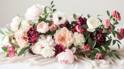Various peonies in shades of pink, red, and white arranged in a bouquet on a table