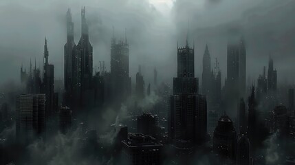 Downtown skyscrapers in dark and foggy creepy.