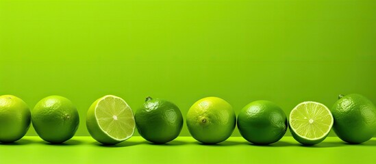 Fresh limes on green background. Creative banner. Copyspace image