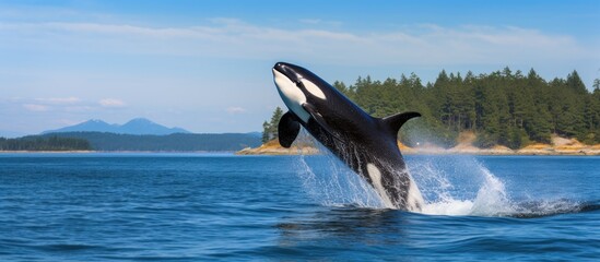 Obraz premium Horizontal photo of a single young adult Orca Whale breaking the surface within the San Juan Islands on a beautiful summer day. Creative banner. Copyspace image