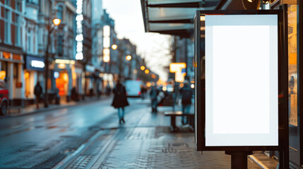a blank billboard on a bus stop with an out-of-focus street scene in the background during twilight,