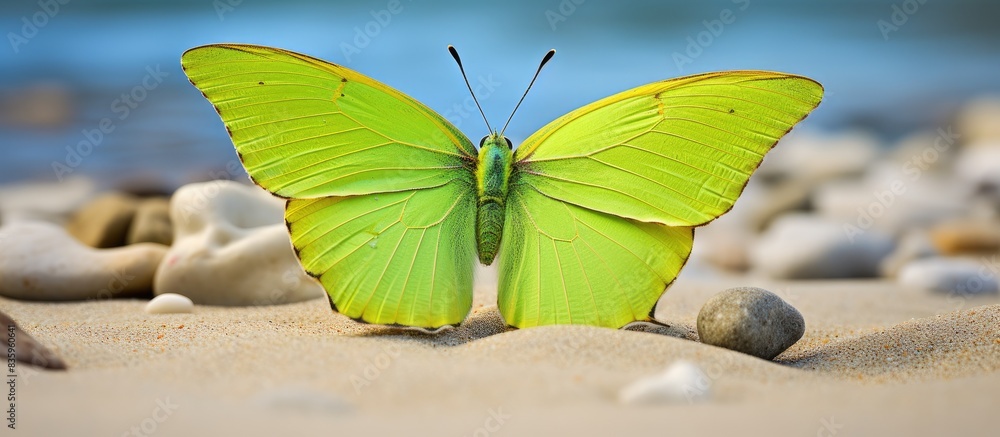 Poster gonepteryx is sitting on the sand. creative banner. copyspace image