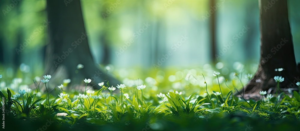Poster abstract blurred spring forest background image created in camera. creative banner. copyspace image