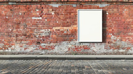 A mockup of a white picture frame hanging on a brick wall next to a cobblestone sidewalk.