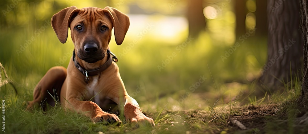 Poster rhodesian ridgeback puppy portrait outside. creative banner. copyspace image