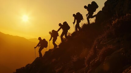 Shadows of hikers assisting each other up a steep mountain as the day fades away