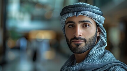 emirati arab at office wearing kandura looking at front ideal for middle east business concept arabic man inside a corporate establishment with colleagues at the background .stock illustration