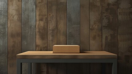 A mockup of a closed cardboard box on a wooden table with a wall in the background.