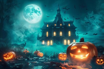 Spooky haunted house with glowing pumpkins and a full moon creating a terrifying Halloween night background