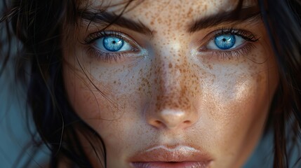 portrait of the freckled woman close up stunning girl with black hair and freckles eye care skin care and natural beauty .hight relustion