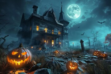 Spooky haunted house with glowing pumpkins and a full moon creating a terrifying Halloween night background