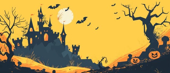 Spooky scene featuring a castle inhabited by witches, bats flying around, grinning pumpkins, and a dry tree set against a yellow backdrop