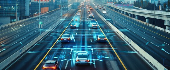 futuristic vehicles on highway with full self driving system activated for transportation autonomy concepts