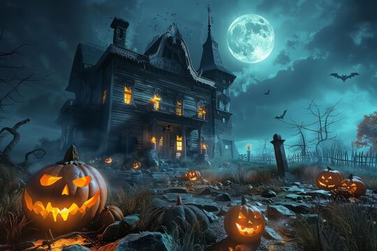 Spooky haunted house with glowing pumpkins and a full moon creating a terrifying Halloween night background