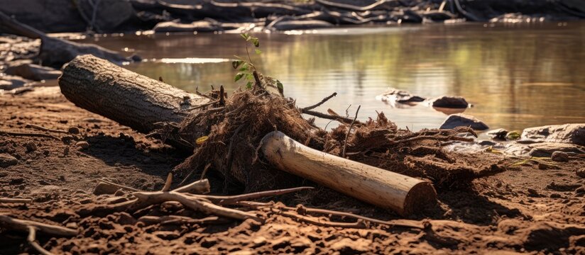 The trunk of a fallen tree with a suvel on the river bank. Creative banner. Copyspace image