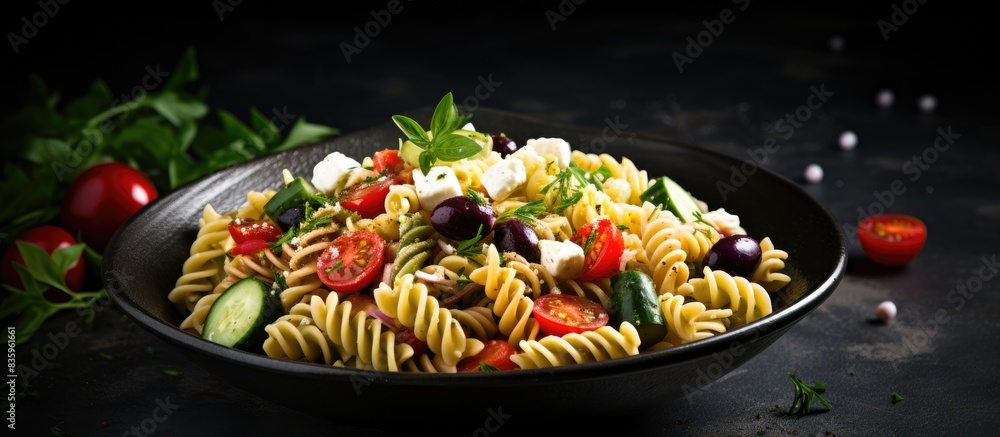 Wall mural tasty pasta salad with tomato cucumber and olives on a dark stone background. creative banner. copys - Wall murals