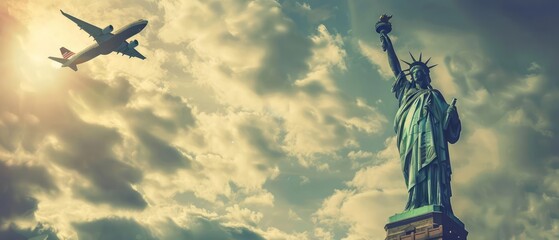 Fototapeta premium Statue of Liberty with an airplane flying by, symbolizing Independence Day and patriotism with the USA flag in the backdrop