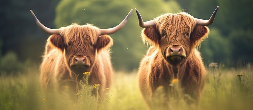 Two highland cows in a green field. Creative banner. Copyspace image