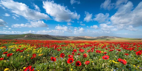 Obraz premium Vibrant rug of crimson poppies and golden sunflowers. Southern frontier of the country. Ideal conditions for an outdoor meal. Peaceful spring day.