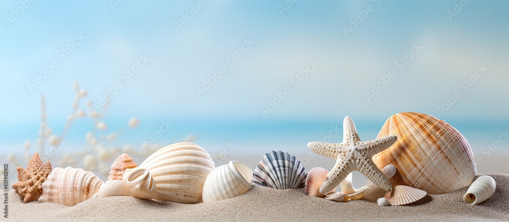Poster sea shells with sand as background season specific. creative banner. copyspace image