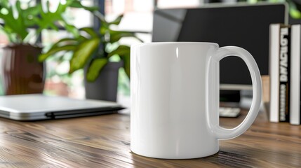 A mockup of a coffee mug on a desk, featuring a blank space for showcasing custom logo or branding designs.