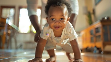 in a close-up focus, a tender moment unfolds as a child learns to crawl with the loving support of a parent in the cozy setting of their home, showcasing growth and development.