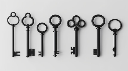 Aesthetic set of 3d different old vintage door keys on white clean background, minimalism concept. Generative AI