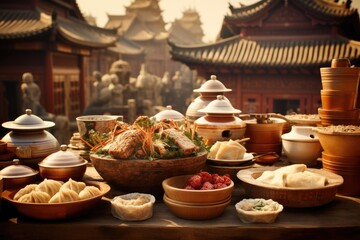 Fototapeta premium Dim sum assortment set against the backdrop of a historic Chinese village.