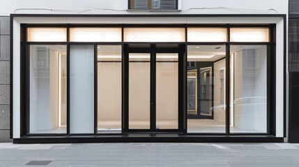 A mockup of a storefront with a lot of windows and a sliding glass door.