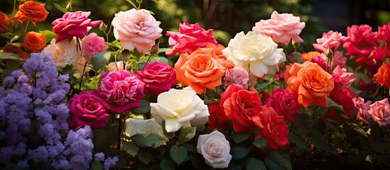 Obraz premium Roses in the garden of colorful flowers. Creative banner. Copyspace image