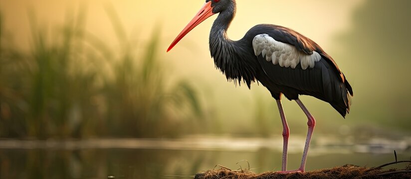 The black stork Ciconia nigra Nameri National Park. Creative banner. Copyspace image