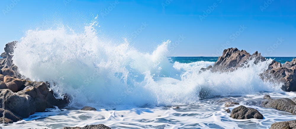 Poster rough white ocean foam crashing on ragged beach rocks. creative banner. copyspace image