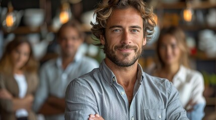 Obraz premium handsome young business man standing confident in the office in front of his team.illustration