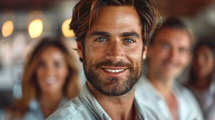 Fototapeta premium handsome young business man standing confident in the office in front of his team .hight relustion