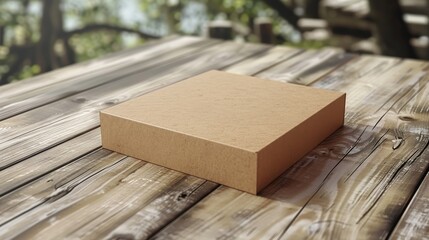A mockup of a cardboard box sitting on a wooden table. The box is closed and brown in color.