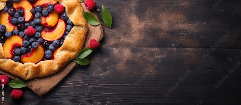 Poster Rustic sweet open pie galette with peach and berry. Creative banner. Copyspace image
