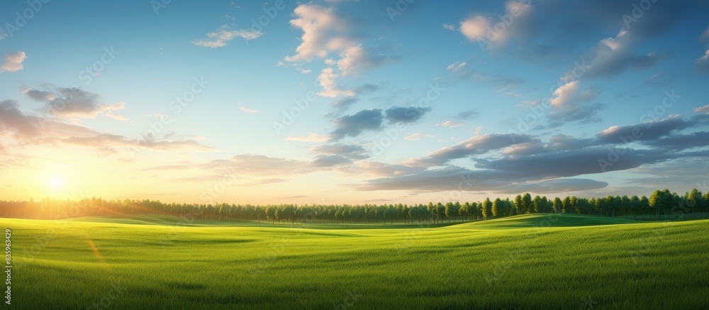 Poster field with green fresh grass spring evening clear sky the sun leaned low to the horizon a wide field
