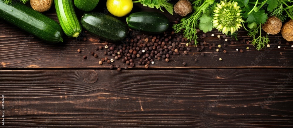 Poster raw zucchini and cucumbers with different seeds on the wooden background top view. creative banner. 